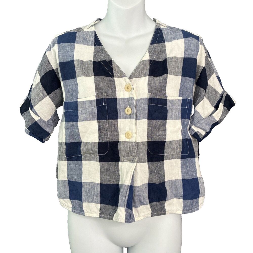 Everlane Linen Utility Popover Shirt Small Blue Buffalo Plaid Boxy Cuffed Pocket